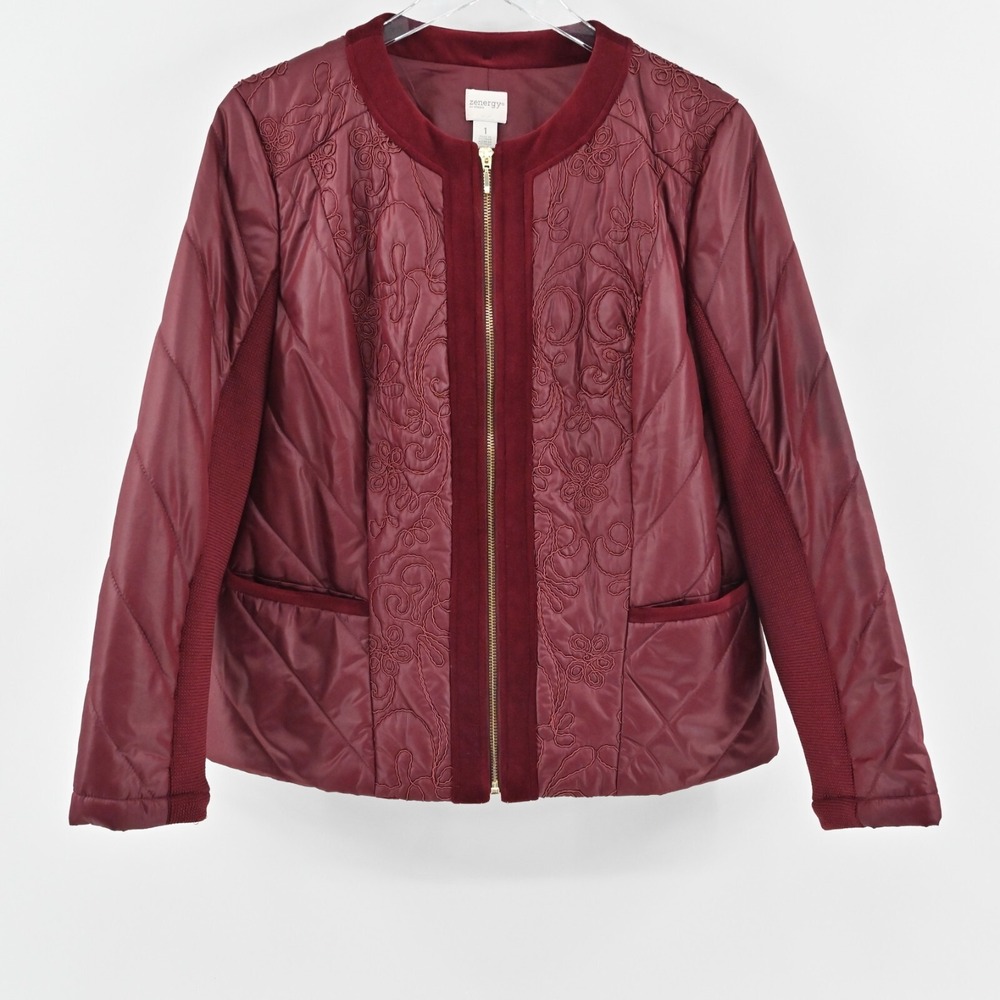 CHICOS Jacket Womens Size M Zenergy Red Maple Velvet Trim Embroidered Zip Front